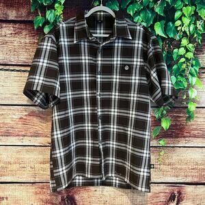 Lowrider Shirt Mens Large XL Brown White Plaid Striped Short Sleeve Button Up